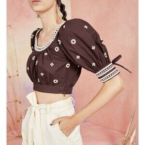 Ulla Johnson Zola Brown Chocolate Beaded Crop Top Puff Sleeve Blouse Size 6